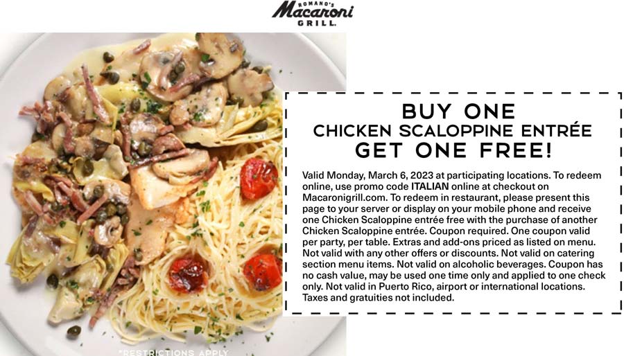 Macaroni Grill restaurants Coupon  Second chicken scaloppine free today at Macaroni Grill #macaronigrill 