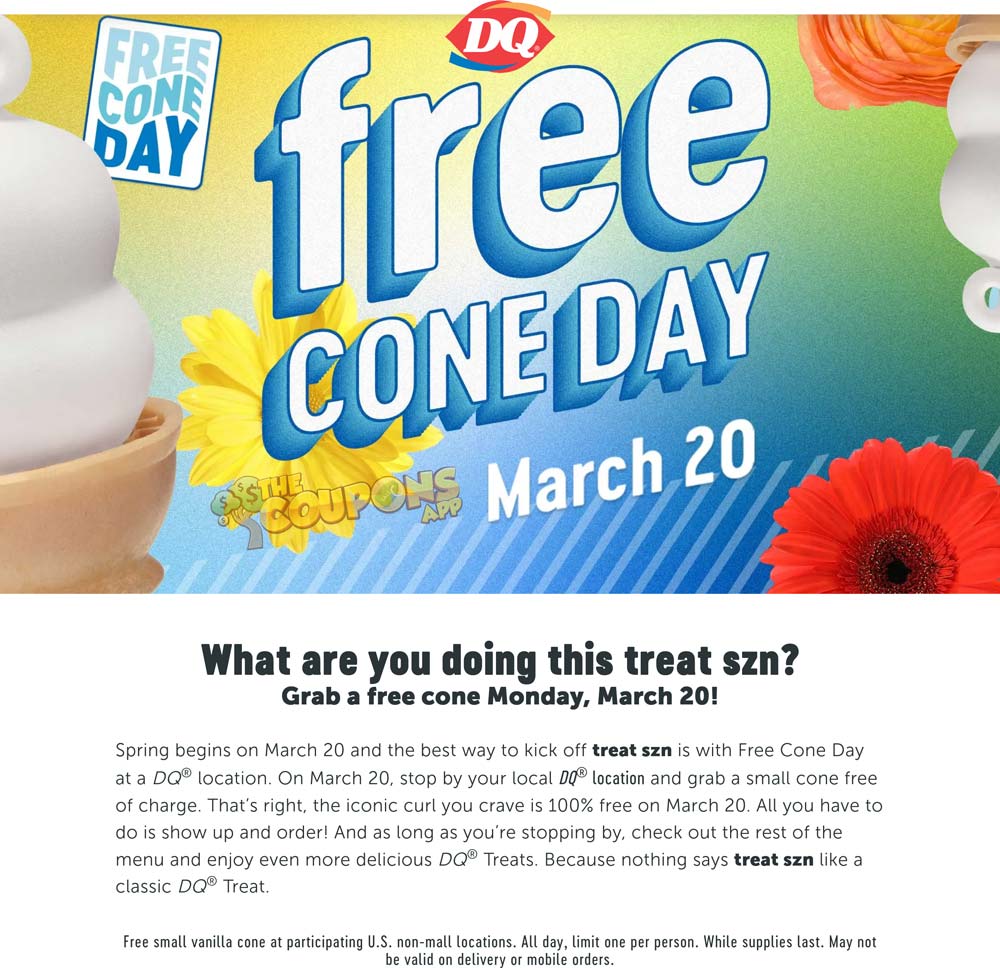 Dairy Queen restaurants Coupon  Free ice cream cone the 20th at Dairy Queen, no purchase necessary #dairyqueen 