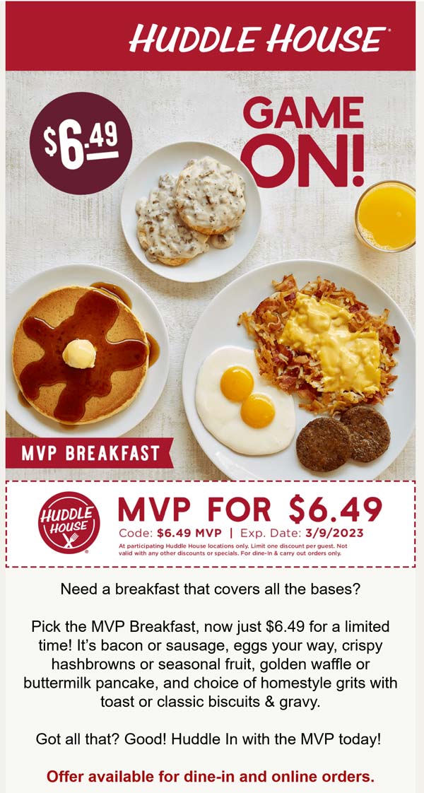 Huddle House restaurants Coupon  Eggs + bacon or sausage + hashbrowns + waffle + biscuits & gravy = $6.49 at Huddle House #huddlehouse 