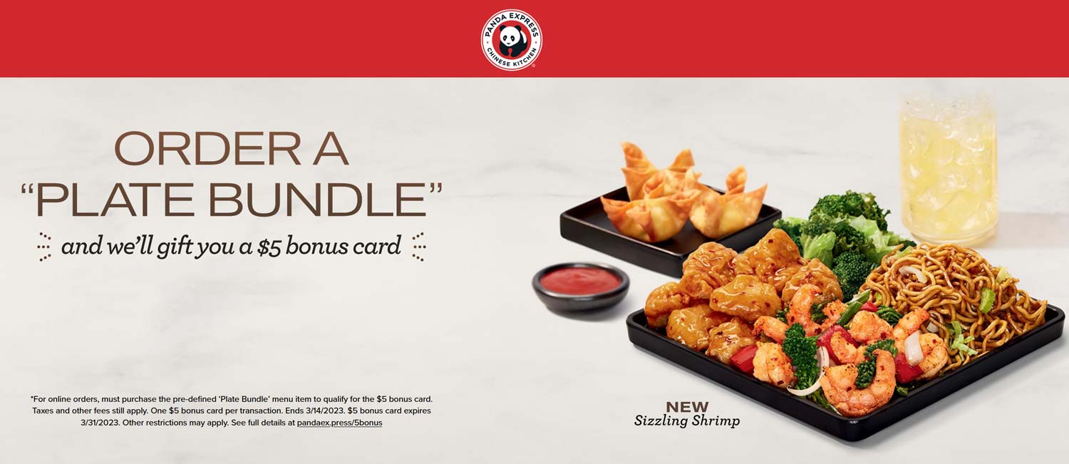 Panda Express restaurants Coupon  Free $5 card with your plate bundle at Panda Express restaurants #pandaexpress 