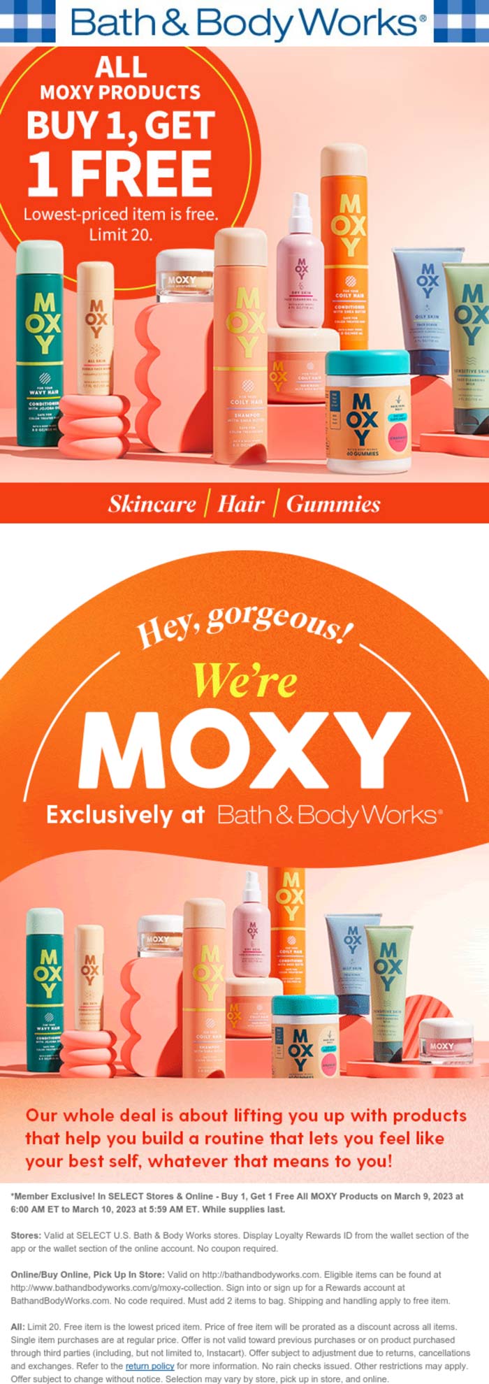 Bath & Body Works stores Coupon  Second moxy item free today at Bath & Body Works, ditto online #bathbodyworks 