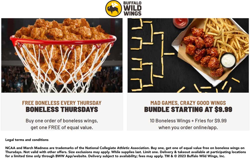 Buffalo Wild Wings restaurants Coupon  Second order of boneless wings free today at Buffalo Wild Wings restaurants #buffalowildwings 