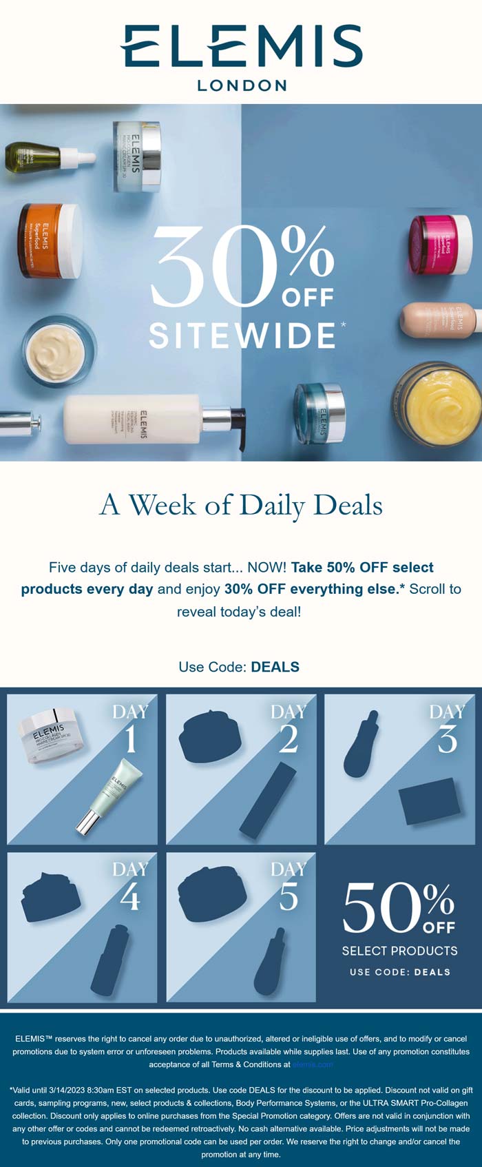 Elemis stores Coupon  30-50% off everything online at Elemis via promo code DEALS #elemis 