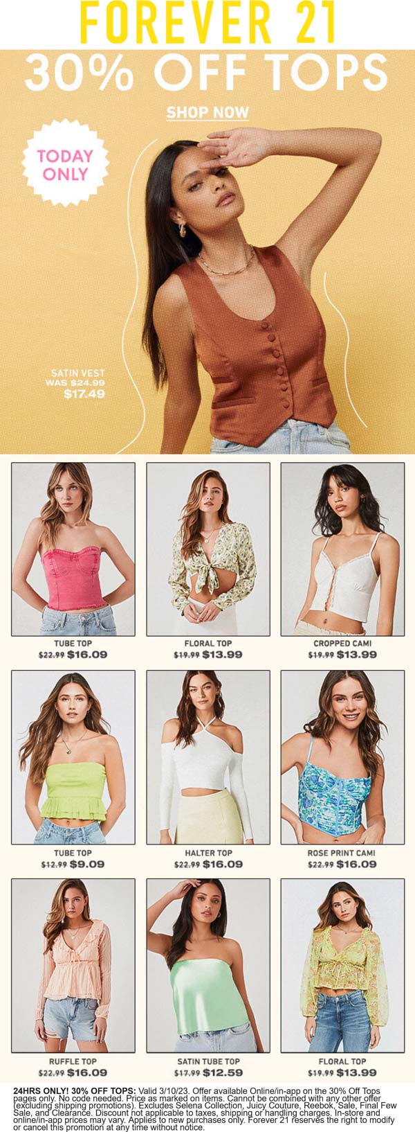 Forever 21 stores Coupon  30% off tops online today at Forever 21 #forever21 