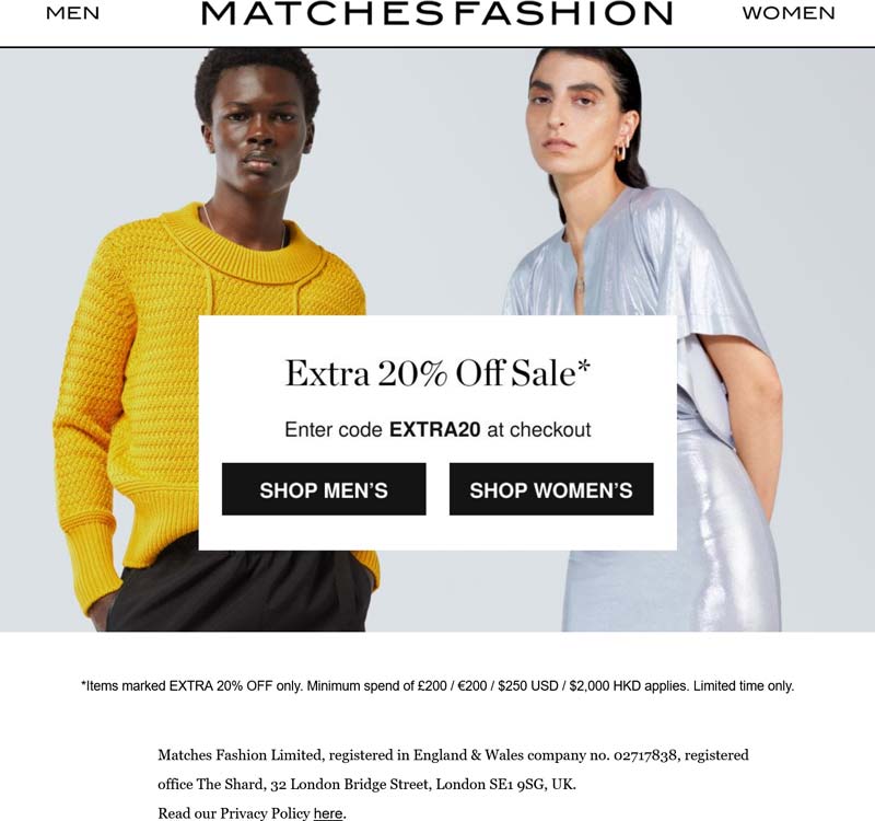 Matches Fashion stores Coupon  Extra 20% off sale items at Matches Fashion via promo code EXTRA20 #matchesfashion 