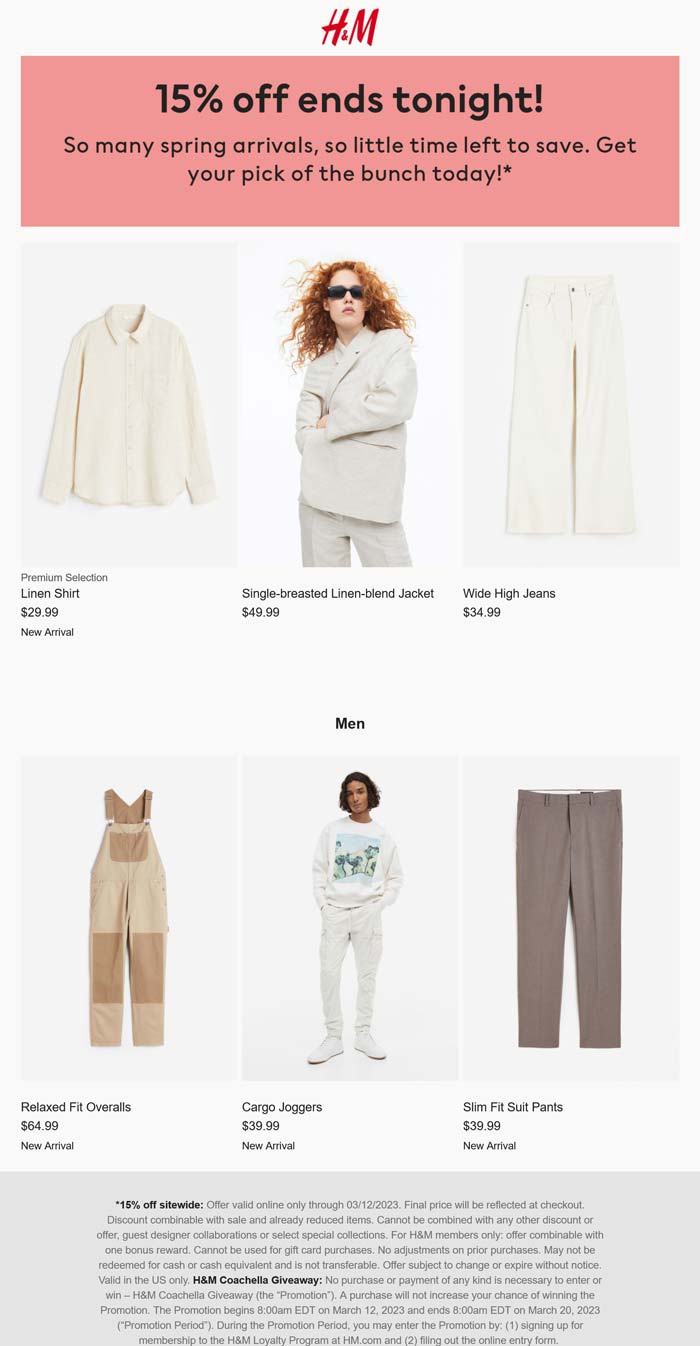 H&M stores Coupon  15% off everything online today at H&M #hm 