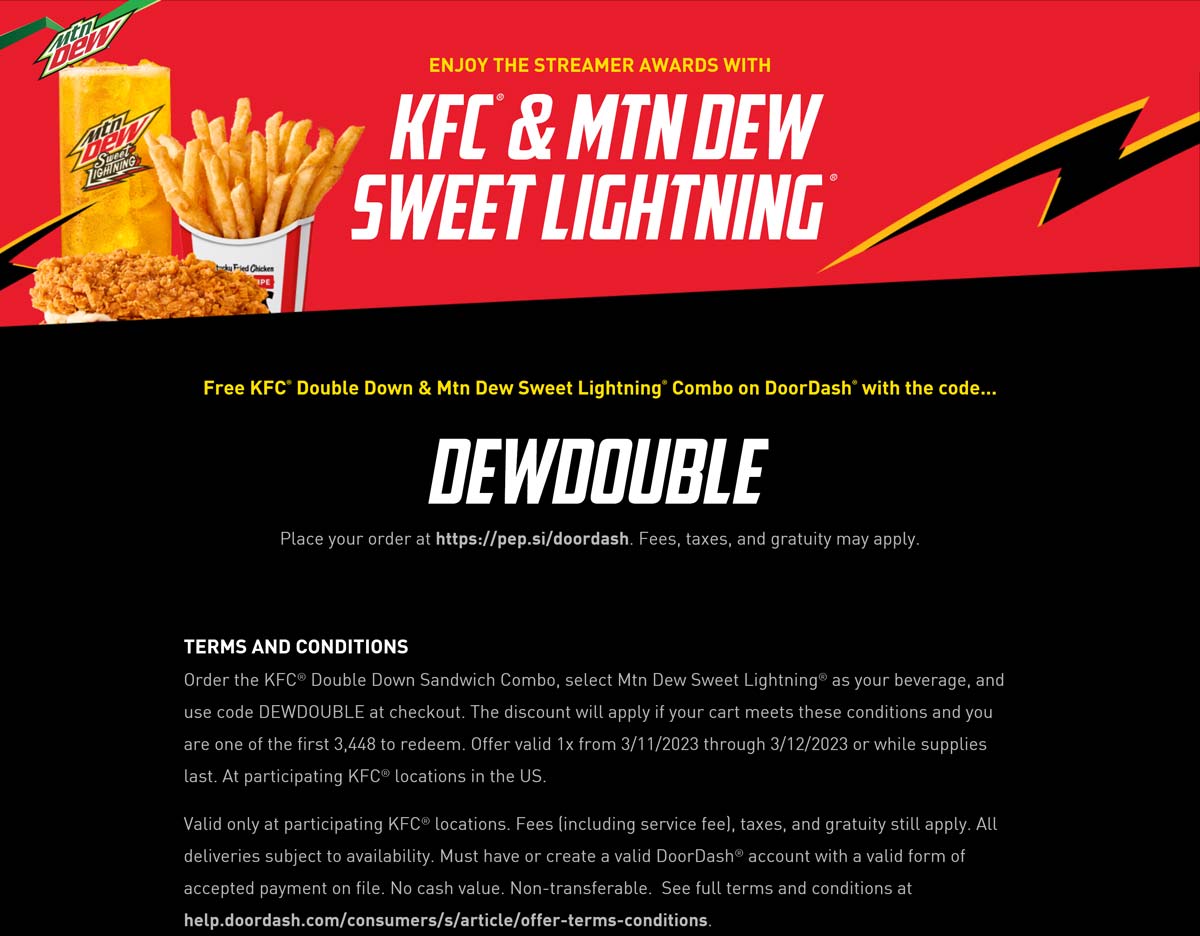 KFC restaurants Coupon  Free double down sandwich combo meal via delivery today at KFC via promo code DEWDOUBLE #kfc 
