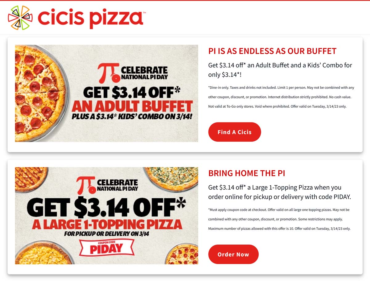 Cicis Pizza restaurants Coupon  $3.14 off large or buffet Tuesday at Cicis Pizza via promo code PIDAY #cicispizza 