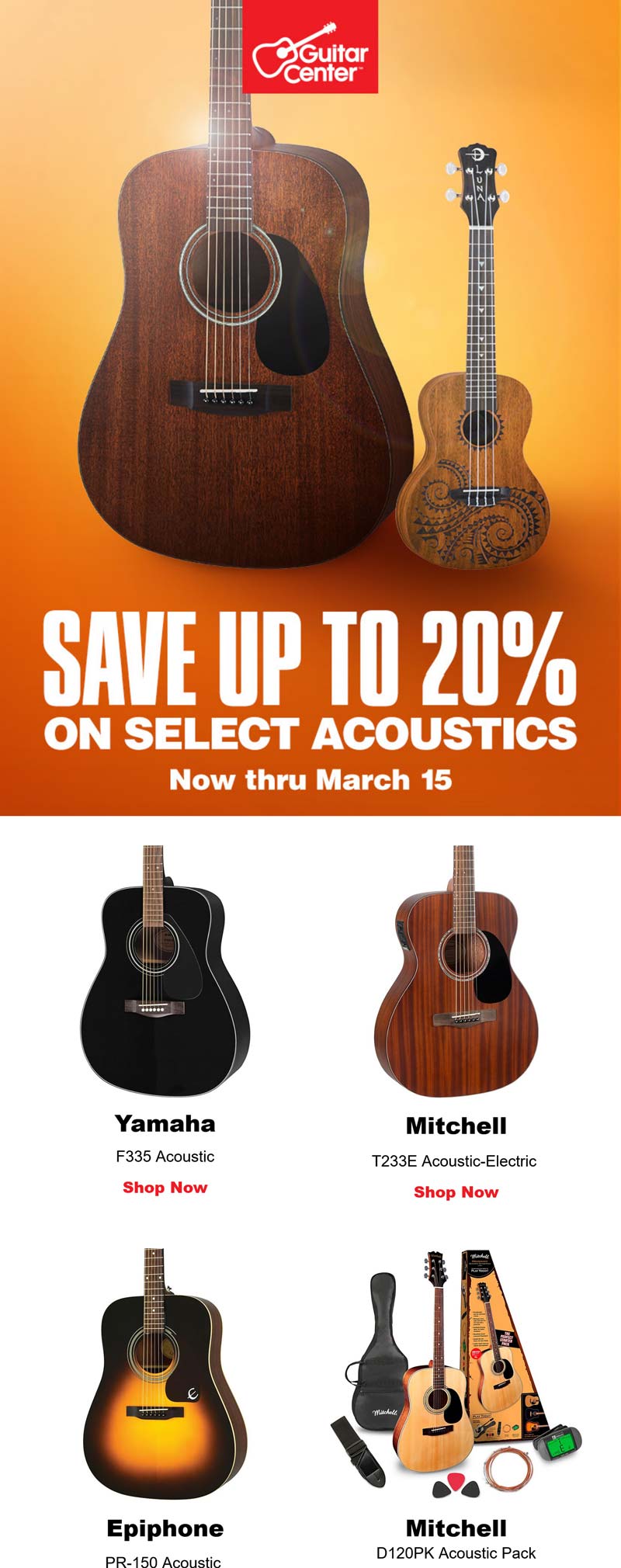 Guitar Center stores Coupon  20% off various acoustics at Guitar Center #guitarcenter 