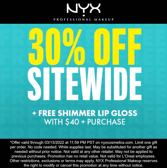 NYX Cosmetics stores Coupon  30% off everything + free lip gloss on $40 today at NYX Cosmetics #nyxcosmetics 