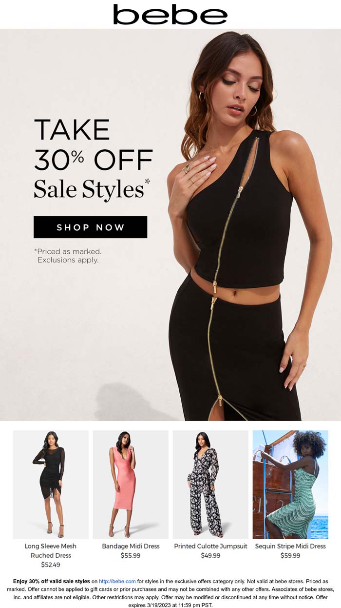bebe stores Coupon  Extra 30% off sale styles online at bebe #bebe 