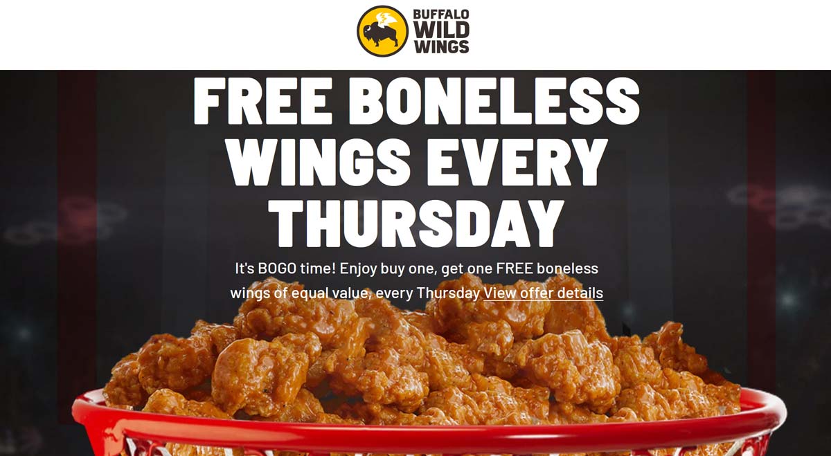 Buffalo Wild Wings restaurants Coupon  Second order boneless chicken wings free today at Buffalo Wild Wings #buffalowildwings 