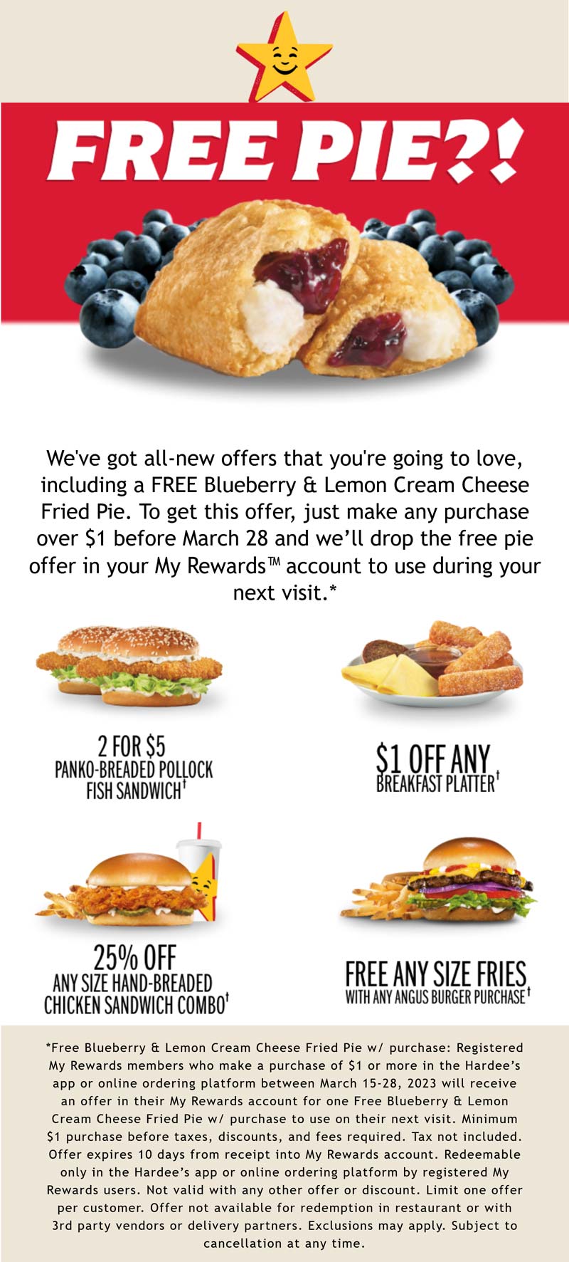 Hardees restaurants Coupon  Free pie on $1 & more logged in at Hardees #hardees 