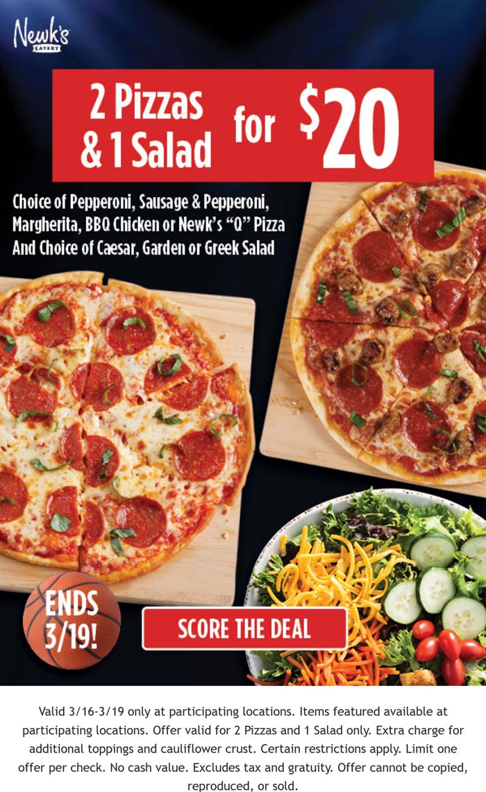 Newks Eatery restaurants Coupon  2 pizzas + salad = $20 at Newks Eatery #newkseatery 