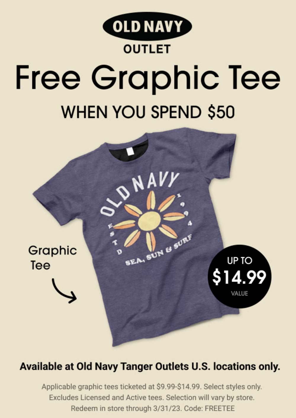 Old Navy Outlet stores Coupon  Free $15 graphic tee on $50 at Old Navy Outlet #oldnavyoutlet 