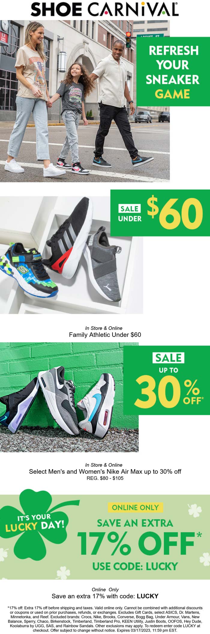 Shoe Carnival stores Coupon  Extra 17% off online at Shoe Carnival via promo code LUCKY #shoecarnival 
