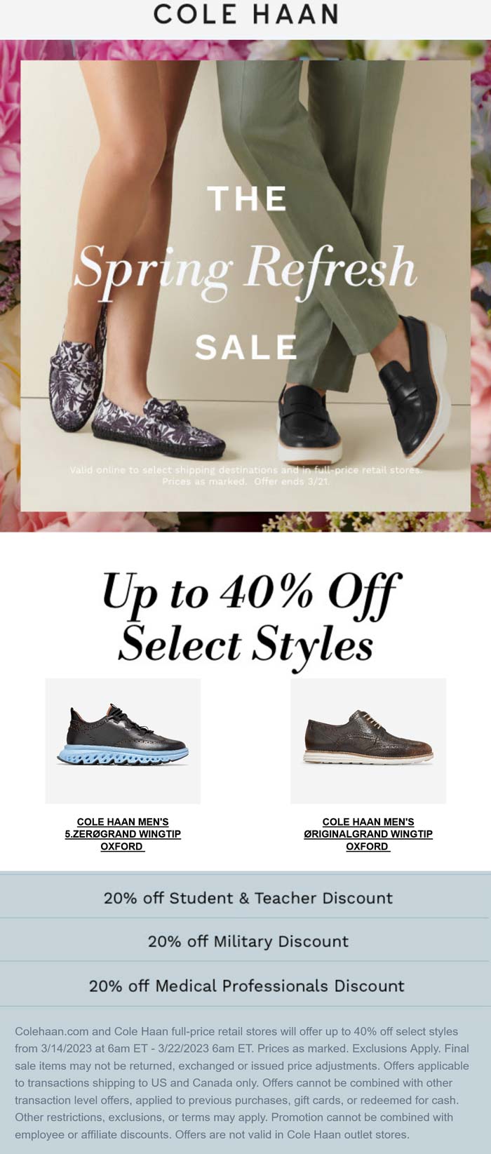 Cole Haan stores Coupon  40% off at Cole Haan, ditto online #colehaan 