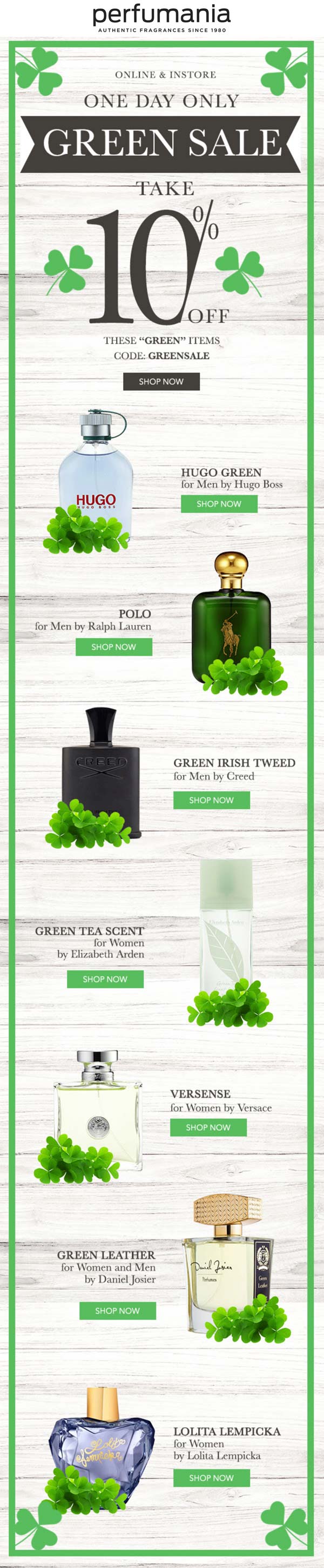 Perfumania stores Coupon  10% off green items today at Perfumania via promo code GREENSALE #perfumania 