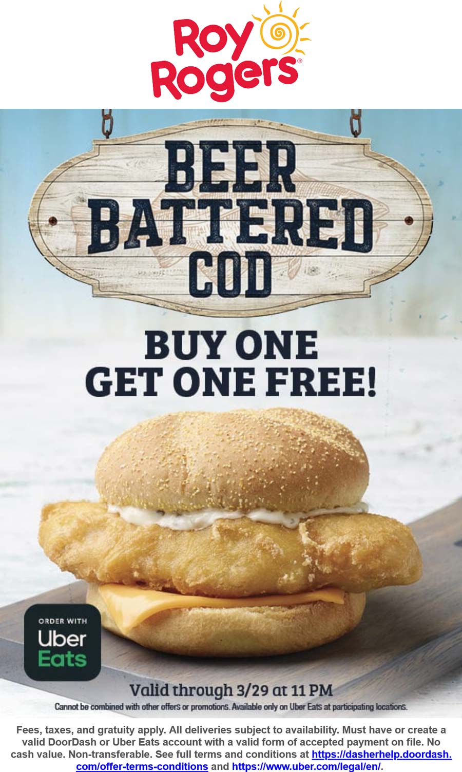 Roy Rogers restaurants Coupon  Second cod fish sandwich free via delivery at Roy Rogers #royrogers 