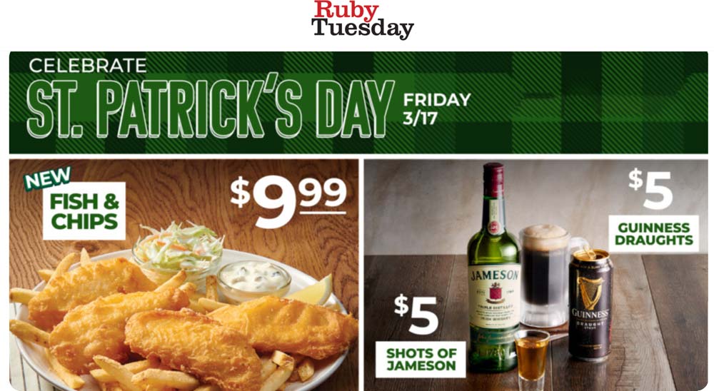 Ruby Tuesday restaurants Coupon  $5 Guiness draughts or Jameson shots today at Ruby Tuesday restaurants #rubytuesday 