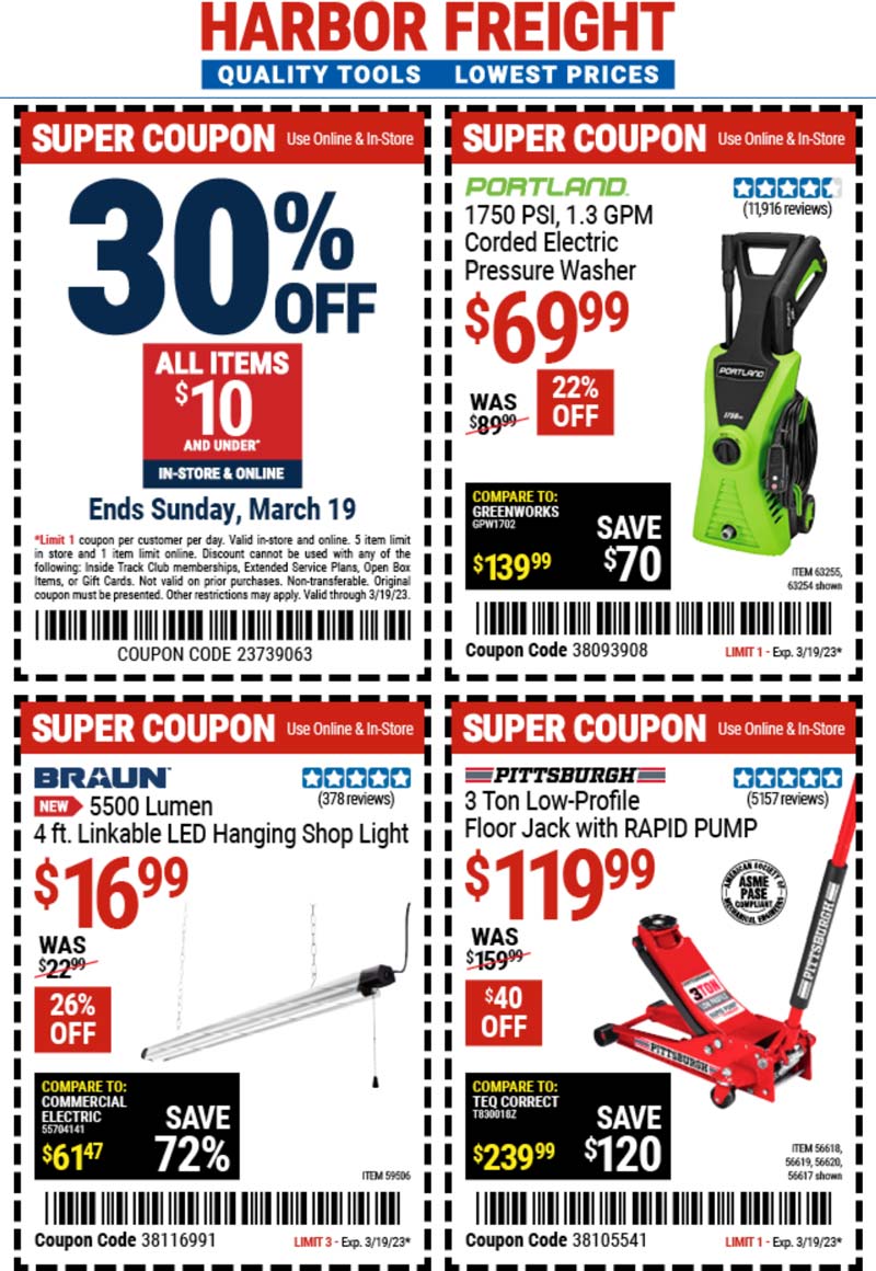 Harbor Freight stores Coupon  30% off everything under $10 at Harbor Freight Tools, or online via promo code 23739063 #harborfreight 