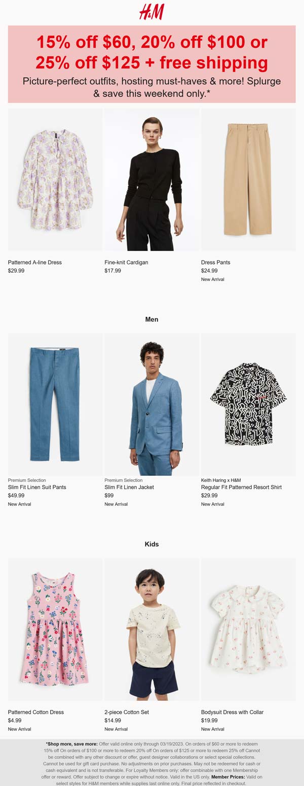 H&M stores Coupon  15-25% off $60+ online at H&M #hm 
