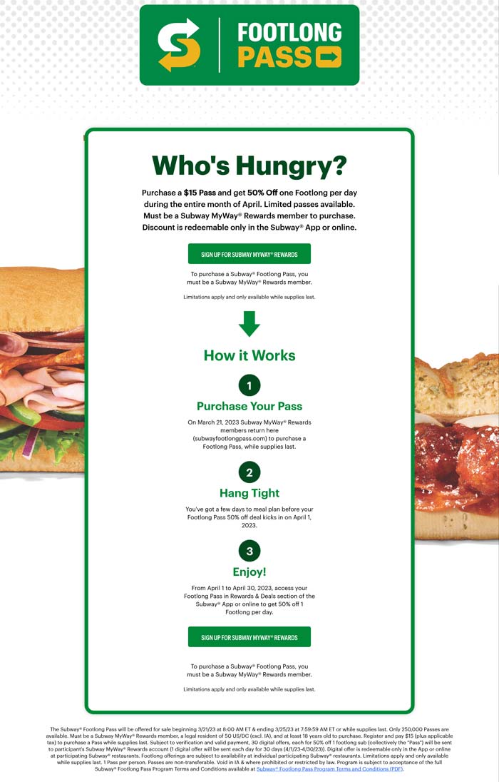 Subway restaurants Coupon  Month of access to 50% off footlongs for $15 at Subway restaurants #subway 