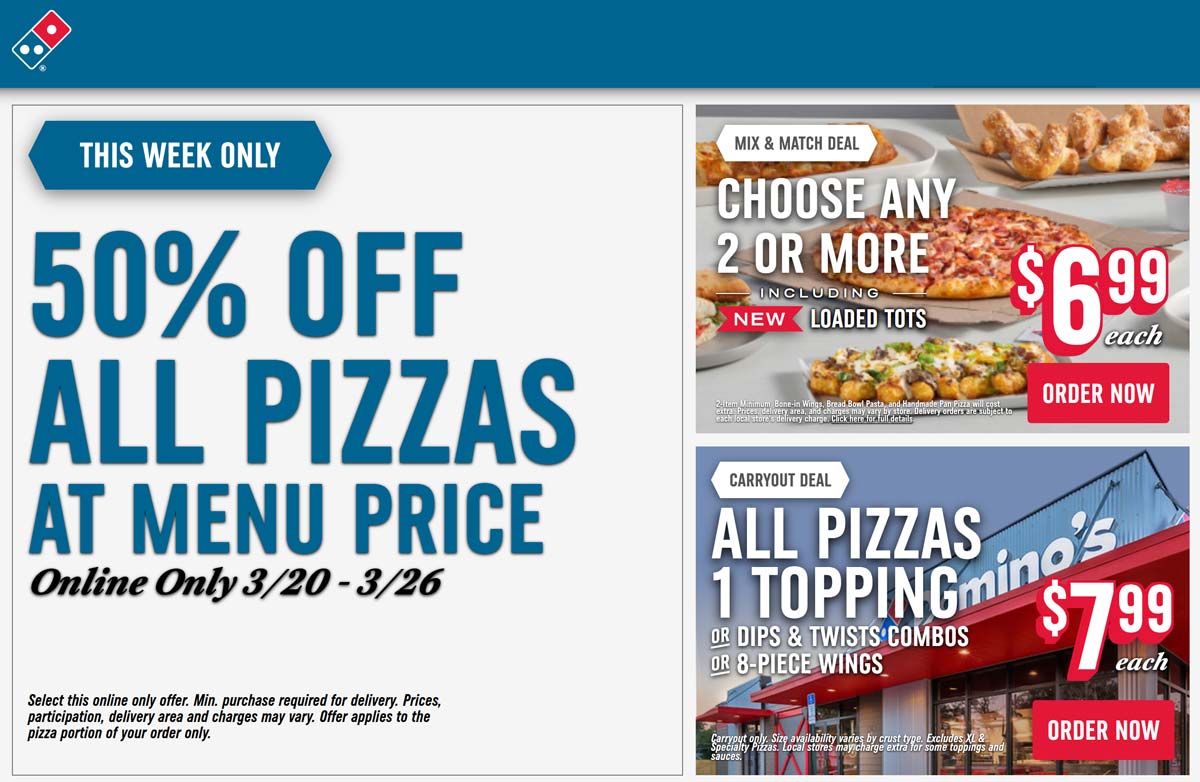 Dominos restaurants Coupon  50% off all pizzas this week online at Dominos #dominos 