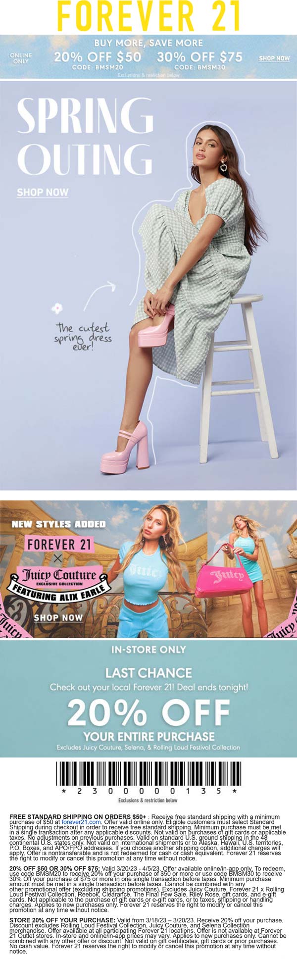 Forever 21 stores Coupon  20-30% off $50+ at Forever 21 via promo code BMSM20 #forever21 