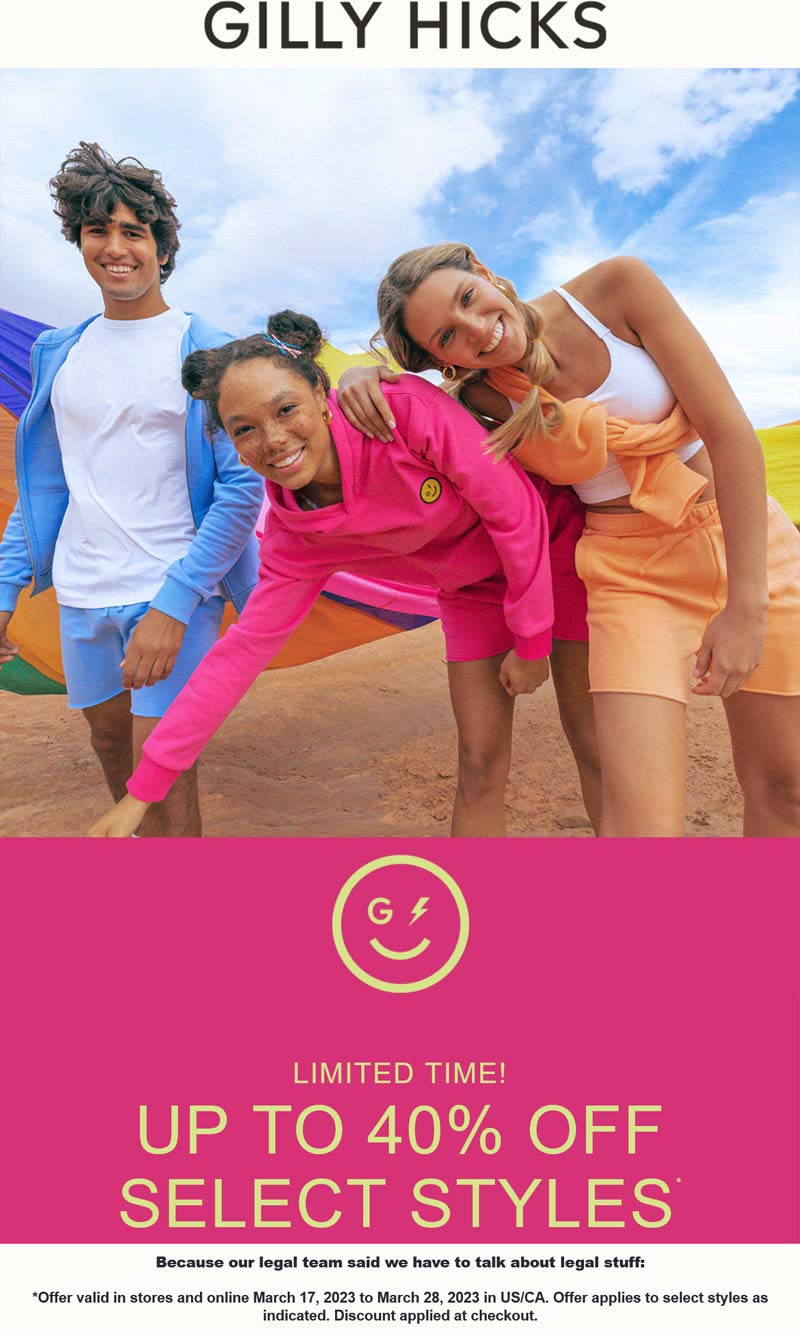 Gilly Hicks stores Coupon  40% off various styles at Gilly Hicks, ditto online #gillyhicks 