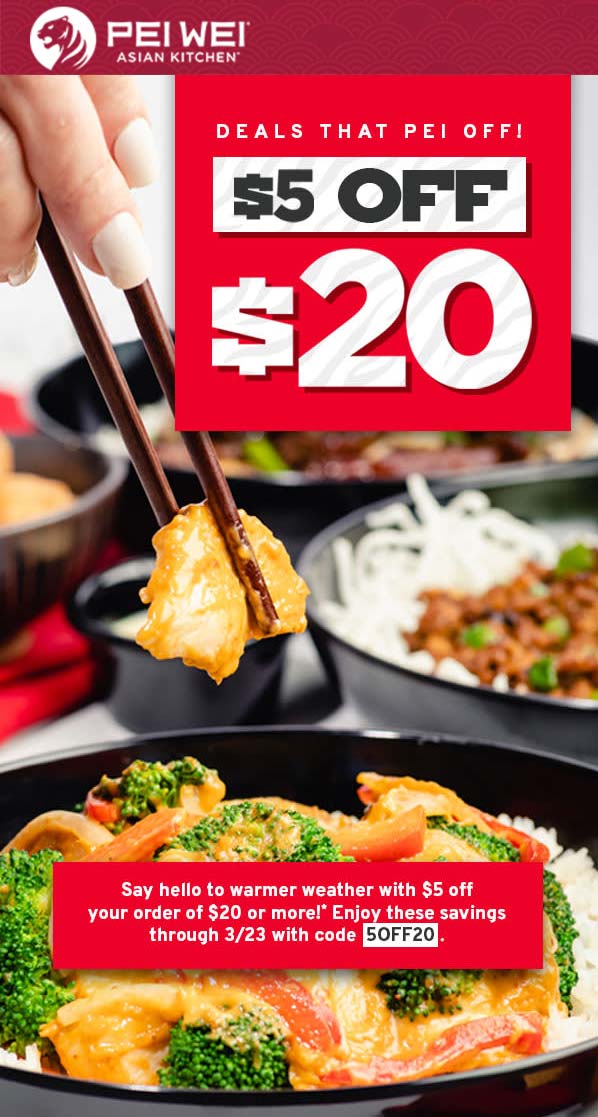 Pei Wei restaurants Coupon  $5 off $20 at Pei Wei restaurants via promo code 5OFF20 #peiwei 
