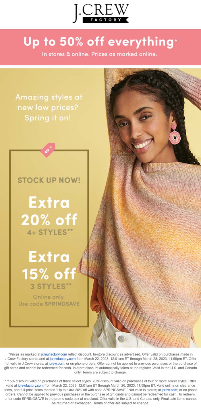 J.Crew Factory stores Coupon  Extra 15-50% off at J.Crew Factory, or online via promo code SPRINGSAVE #jcrewfactory 