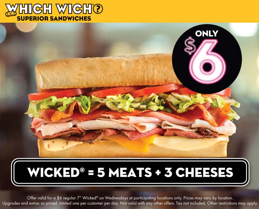 Which Wich restaurants Coupon  5 meats + 3 cheeses sandwich = $6 today at Which Wich #whichwich 