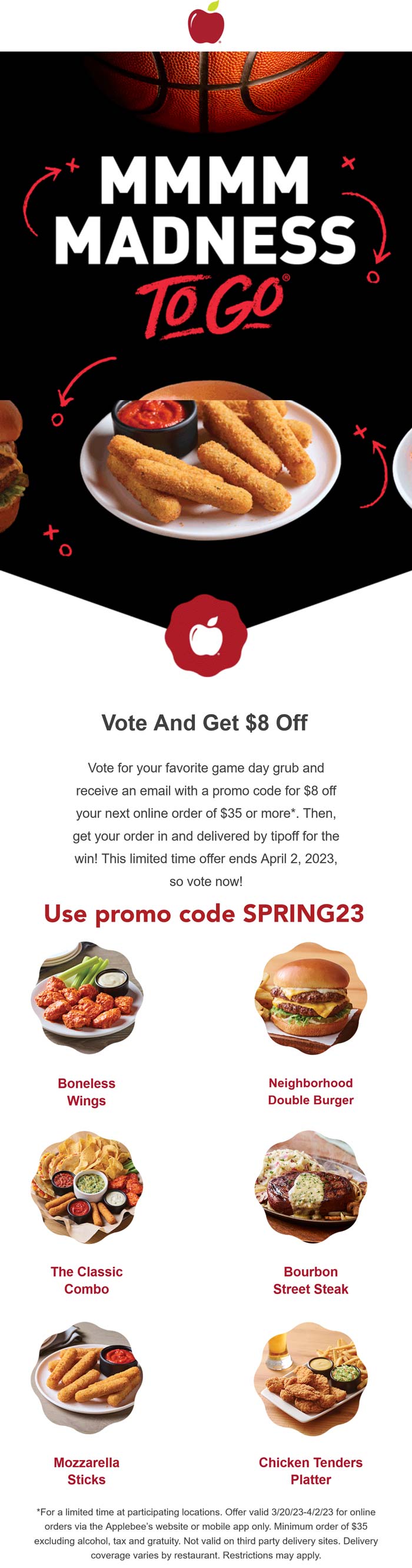 Applebees restaurants Coupon  $8 off $35 at Applebees restaurant via promo code SPRING23 #applebees 