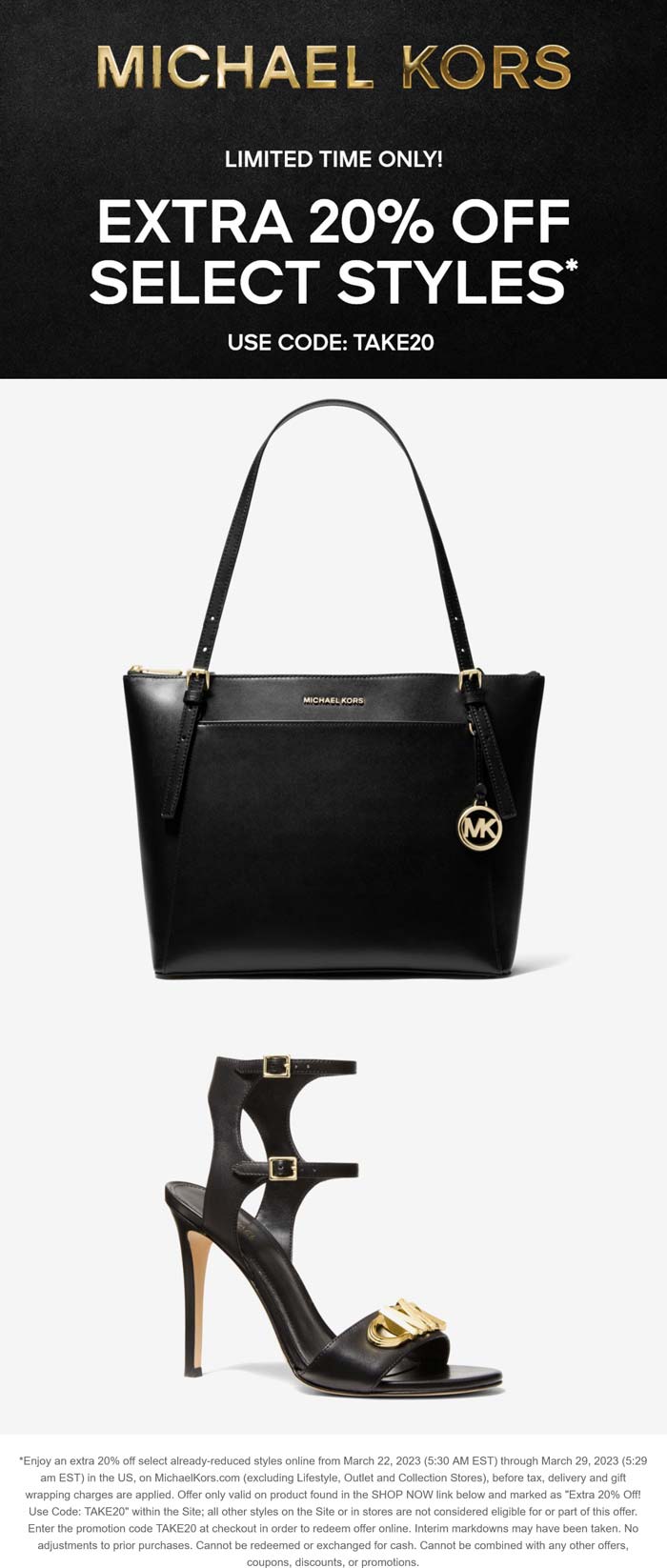 Michael Kors stores Coupon  Extra 20% off sale styles online at Michael Kors via promo code TAKE20 #michaelkors 