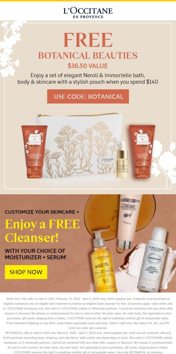 LOccitane stores Coupon  Free cleanser with your moisturizer & more at LOccitane, or online via promo code BOTANICAL #loccitane 
