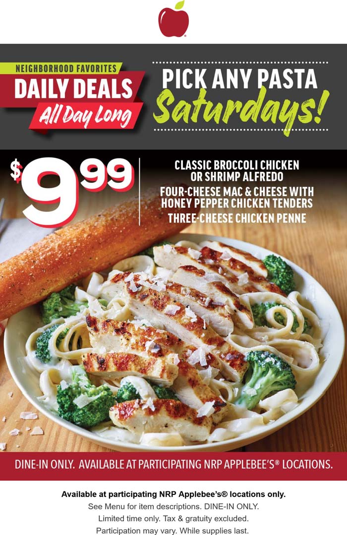 Applebees restaurants Coupon  Pick any chicken pasta meal $10 today at Applebees #applebees 