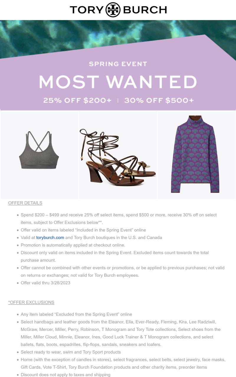 Tory Burch stores Coupon  25-30% off $200+ at Tory Burch, ditto online #toryburch 