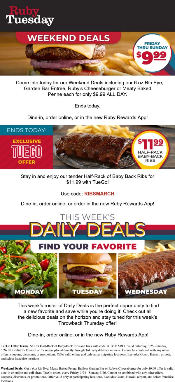 Ruby Tuesday restaurants Coupon  $10 steak, cheeseburger or meaty baked penne today at Ruby Tuesday #rubytuesday 