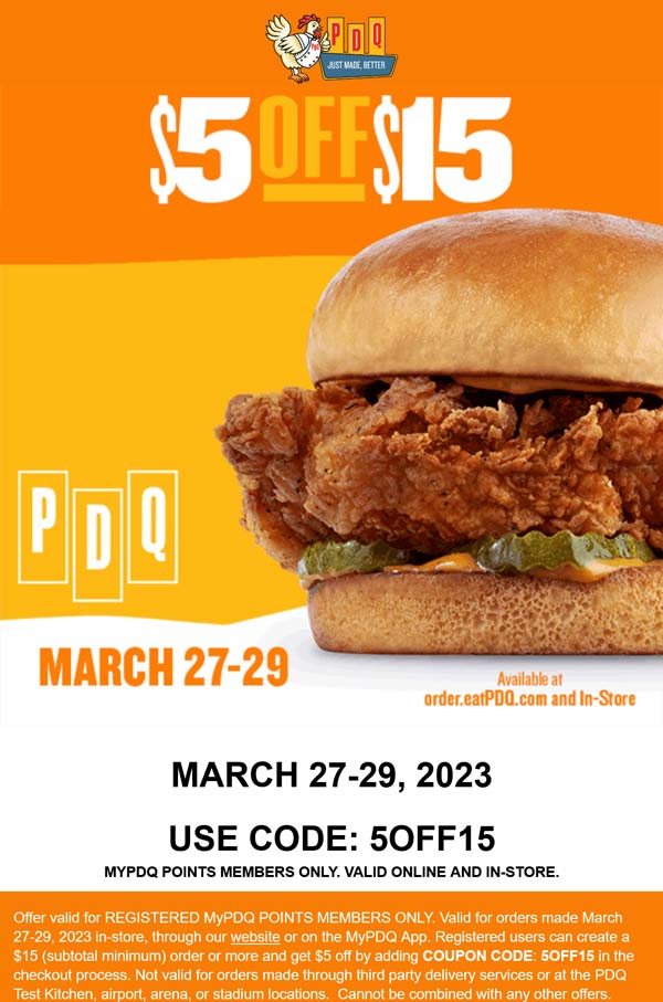 PDQ restaurants Coupon  $5 off $15 at PDQ restaurants, or online via promo code 5OFF15 #pdq 