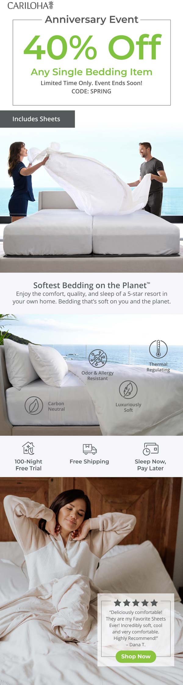 Cariloha stores Coupon  40% off a single bedding item at Cariloha via promo code SPRING #cariloha 