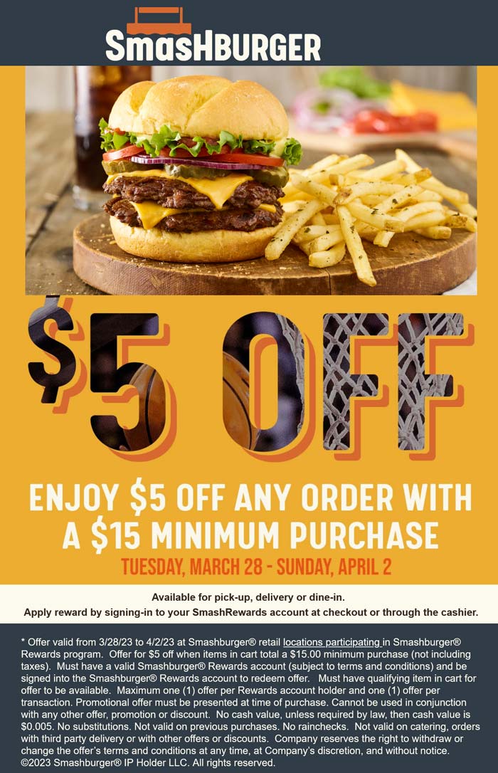 Smashburger restaurants Coupon  $5 off $15 online at Smashburger restaurants #smashburger 