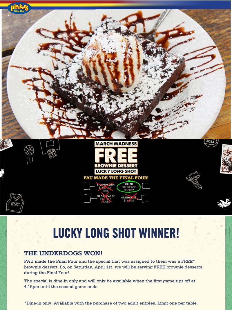 Pluckers restaurants Coupon  Free brownie + ice cream Saturday at Pluckers Wing Bar restaurants #pluckers 