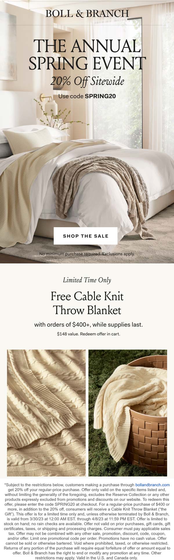 Boll & Branch stores Coupon  20% off + free $148 throw blanket on $400 at Boll & Branch via promo code SPRING20 #bollbranch 