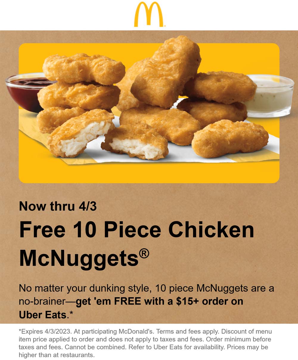 McDonalds restaurants Coupon  Free 10pc chicken mcnuggets on $15 delivery at McDonalds #mcdonalds 