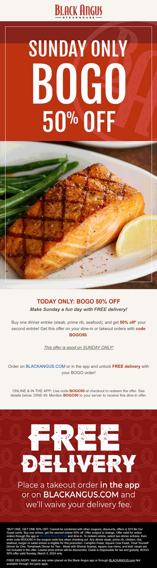Black Angus restaurants Coupon  Second entree 50% off + free delivery today at Black Angus steakhouse #blackangus 