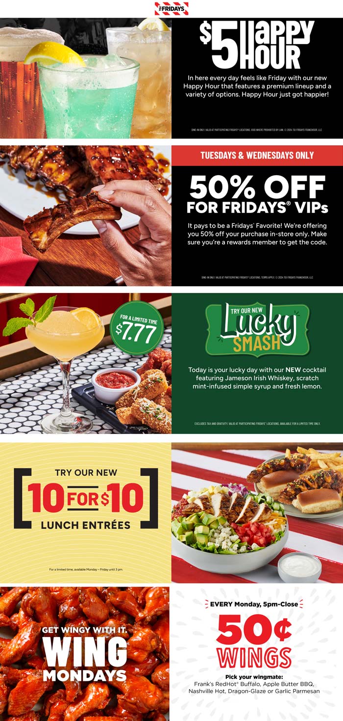 TGI Fridays restaurants Coupon  $7.77 lucky smash cocktail, 50% off Tues & Weds and more at TGI Fridays restaurants #tgifridays 