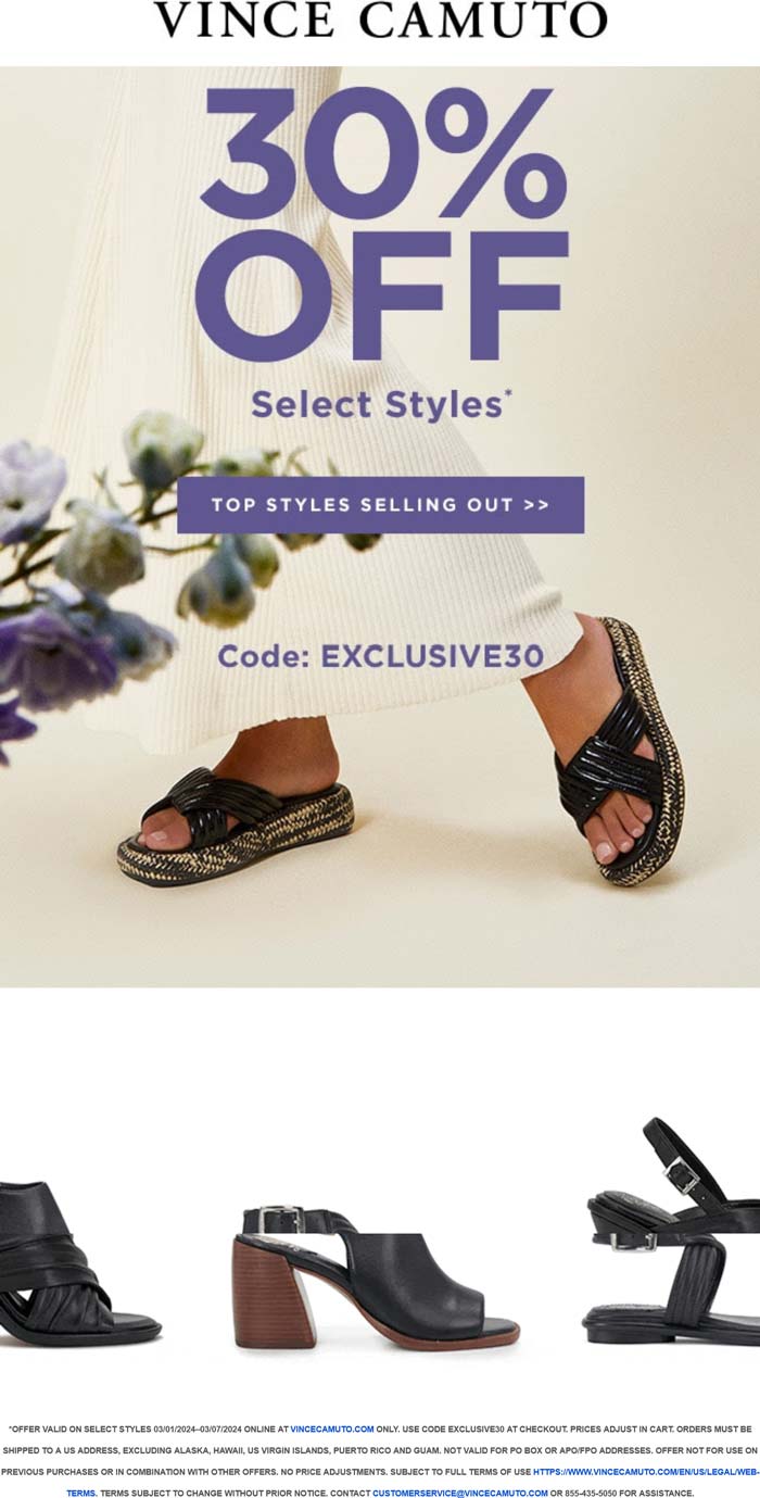 Vince Camuto stores Coupon  30% off at Vince Camuto via promo code EXCLUSIVE30 #vincecamuto 