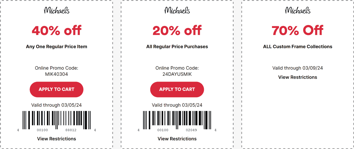 Michaels stores Coupon  40% off a single item & more at Michaels, or online via promo code MIK40304 #michaels 