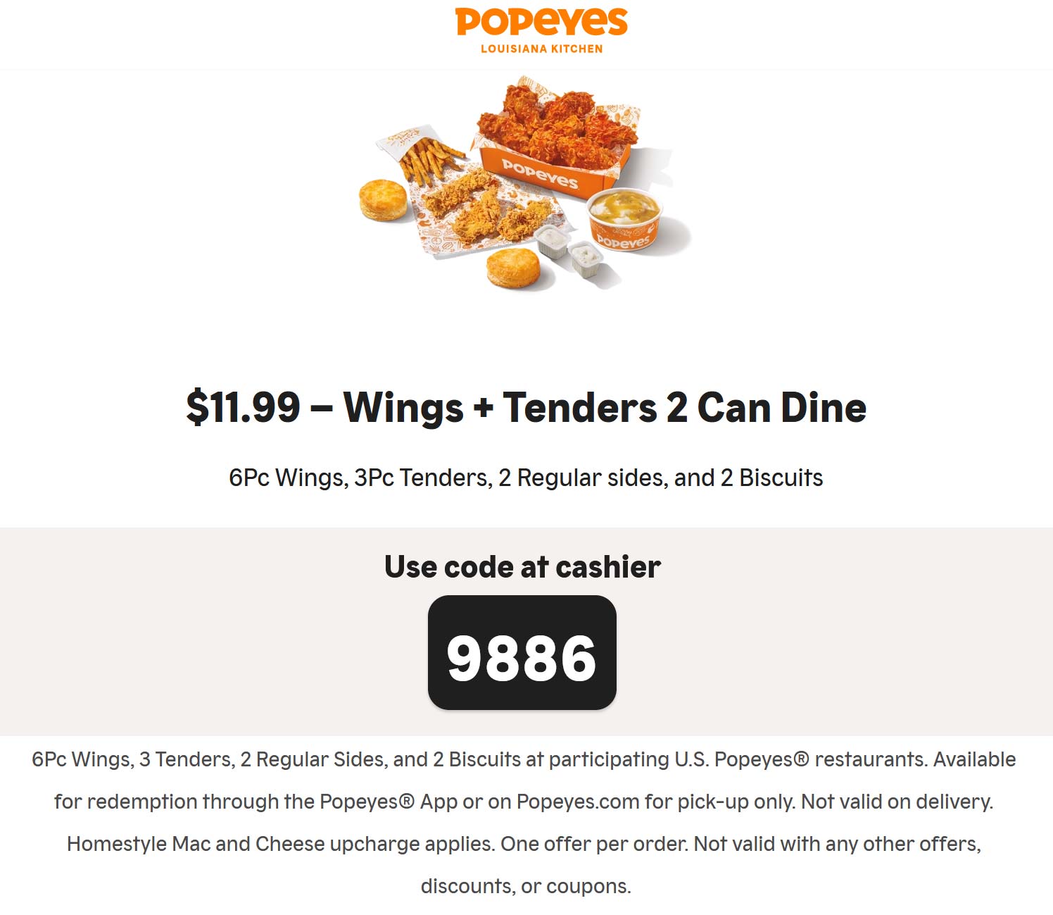 Popeyes restaurants Coupon  6pc wings + 3pc chicken tenders + 2 sides + 2 biscuits = $12 at Popeyes #popeyes 